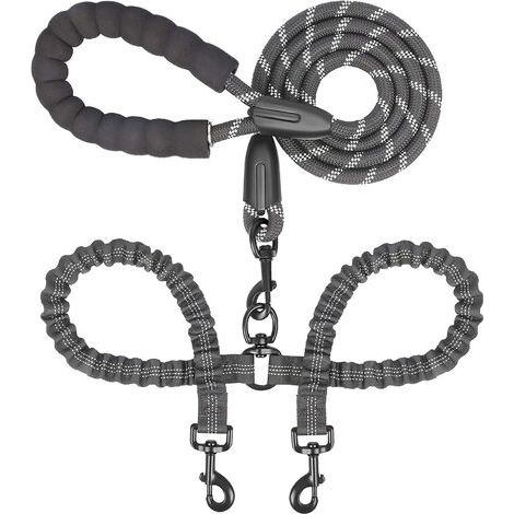 Pair - Laisse double pour chien, nylon, pivotant 360, noir (1/5)