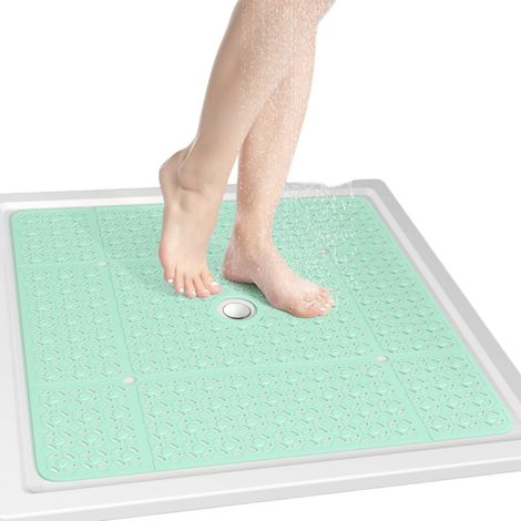 Tapis de douche carré 68,5 x 68,5 cm, en TPE antidérapant avec ventouses et trous d'évacuation, séchage rapide, vert menthe (1/5)