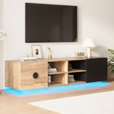 Mobile porta TV LED moderno, dimensioni 180x38,5x47cm, con 2 cassetti, 1 anta e 4 vani a giorno Adatto a TV fino a 65" Legno nero