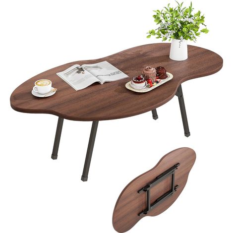 Table basse pliable, tables basses modernes pour salon, table basse centrale de forme irrégulière en forme de nuage, table pliante portable pour petits espaces, salon, chambre à coucher, couleur noyer (1/5)