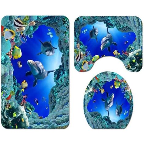 MTEVOTX Ensemble de 3 tapis de salle de bain antidérapant avec motif dauphin 3D,tapis de contour WC,tapis de siège WC en forme de U (1/5)