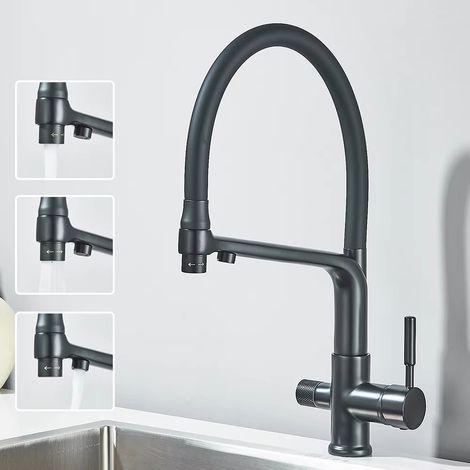 Robinet de cuisine eau filtrée double bec fonction de Purification robinet de cuisine grue d'eau rotative à 360 degrés pour la cuisine-Matte Black