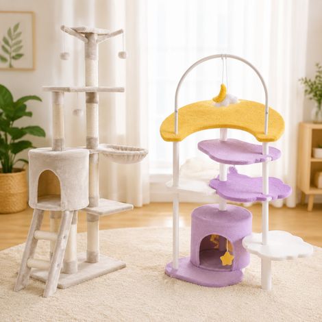 Juego de rascadores de felpa para gatos (2 piezas): rascador con plataforma «Moon» de 158 cm y rascador con poste de sisal de 140 cm (1/5)