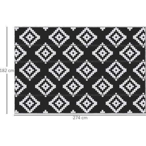 Tapis extérieur géométrique noir blanc 182x274cm, anti-UV réversible jardin plage (1/4)