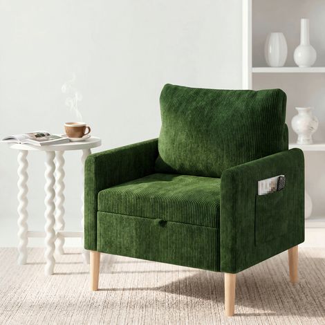 Fabulcozy Fauteuil unitaire multifonction velours côtelé avec rangement, accoudoirs à poches et oreiller amovible pour salon chambre maison, vert (1/5)