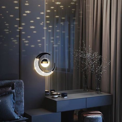 Suspension Lune Et Etoiles - LED 10 W - Pour Chambre Enfant Salon Salle A Manger - Noir Blanc Froid - 1 Unite (1/5)