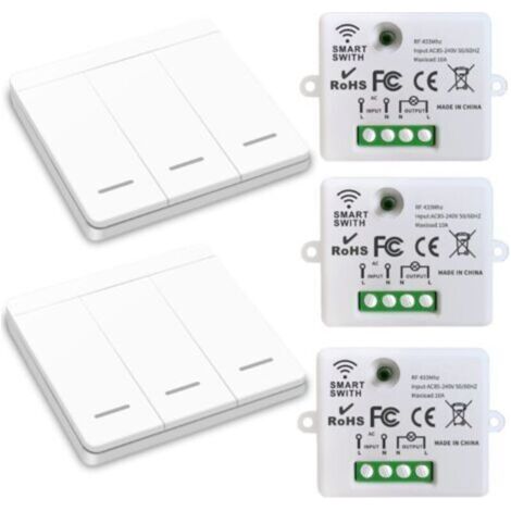 Interrupteur d'éclairage sans fil, interrupteur de sécurité de l'émetteur RF et contrôleur de récepteur 10A, installation facile pour lampe jusqu'à 1500W/ 3 récepteurs et 2 commutateurs (1/5)