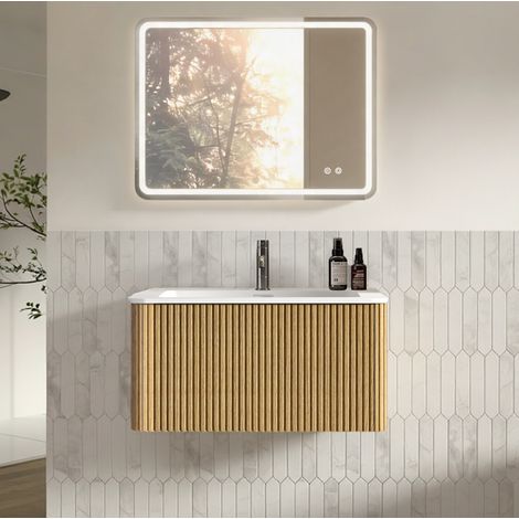 Mueble de baño suspendido con lavabo integrado y espejo LED regulable, acabado madera clara, diseño acanalado y antivaho para baños pequeños – CHICFURN (1/5)