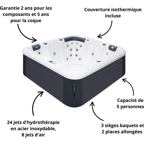 Spa gonflable 5 places RELAX – Jets d'hydrothérapie réglables – Système d'ozone – Dimensions 204x204x85 cm – Éco-énergétique – Passion Spas