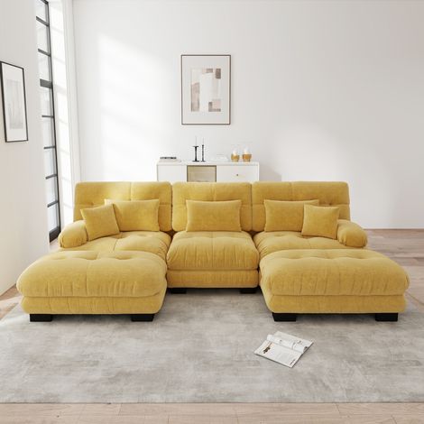 Modulares U-Sofa gelb aus Chenille mit tiefem Sitz und beweglichen Ottomane (1/5)