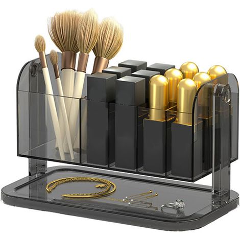 Organisateur de maquillage transparent avec compartiments pour rouge à lèvres, pinceaux et bijoux - Gris (1/5)