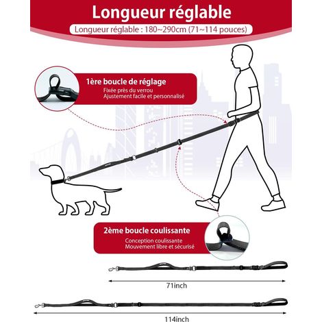 Laisse pour chien réglable multifonctionnelle, laisse mains libres pour marche, course et dressage, sangle réfléchissante durable avec poignées rembourrées, convient pour toutes races de chiens