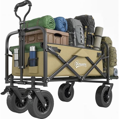 Chariot de jardin 110 L avec poignée télescopique et fond ouvrant, en acier et tissu Oxford, kaki (1/5)