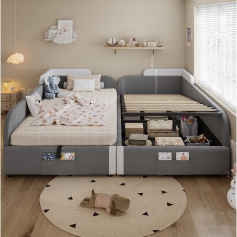 Lit enfant rembourré transformable en lit double 180 x 200 et deux lits simples 90 x 200, avec rangement et barrière souple, velours gris (1/5)