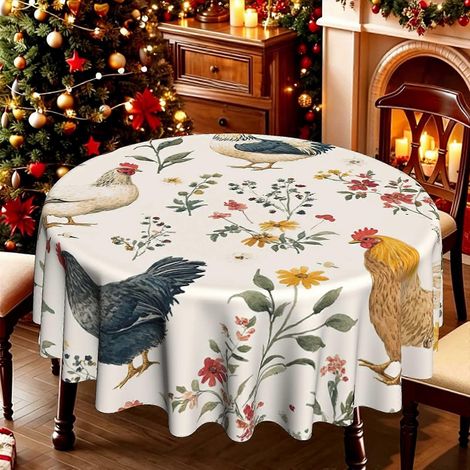 Nappe ronde 1 pièce à motif floral et poules de ferme, nappe de table lavable pour cuisine de style campagnard ou rustique, idéale pour les repas d'été. (1/4)