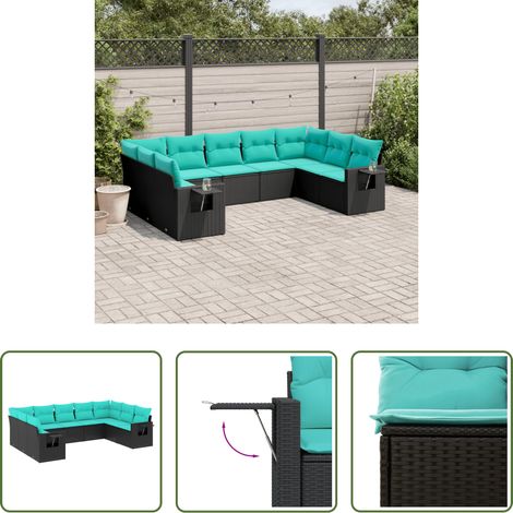 Gartenmöbel - 9-teiliges Gartensofa-Set mit Kissen, schwarzes Polyrattan (1/5)