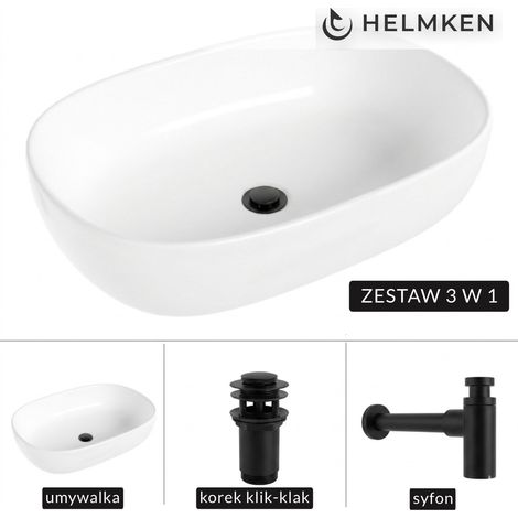 Helmken 83660000 (60x42,5) Aufsatzwaschbecken, weiß + Siphon, matt schwarz + Click-Clack-Verschluss, matt schwarz (1/5)