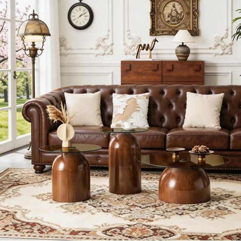 Couchtisch Set 3-teilig rund stapelbar Glas Metall OKMYHOME
