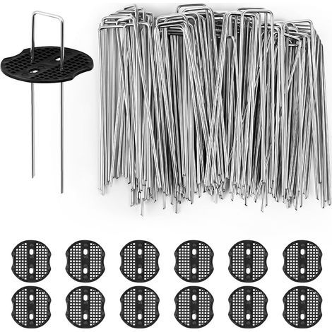Lot de 100 Piquets de Jardin en Forme de U, en Métal Robuste avec 12 Tampons pour Fixer Les Pelouses, Le Gazon Artificiel, Les Filets et Les Tentes. (1/5)