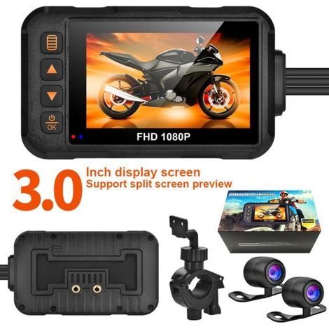 Caméra de moto 3 pouces Ecran étanche 1080P Dashcam Avec Caméra avant et arrière Enregistrement Vision nocturne noire Avec support (1/4)
