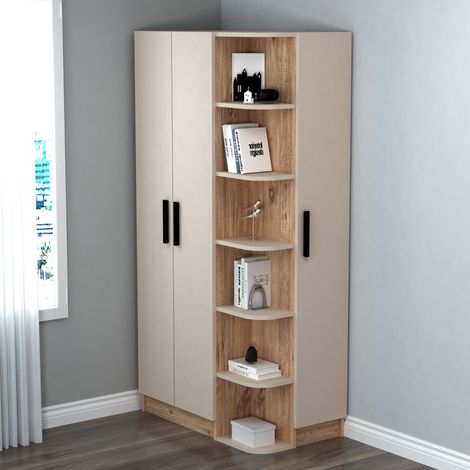 Kleiderschrank 3-türig Cusago, Schlafzimmer-Schrank mit 10 Regalen, Kleiderstange, Drehtür, 90x50 cm Beige (1/5)