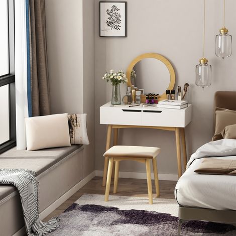 HOMCOM Coiffeuse Design scandinave Table de Maquillage avec Miroir. 2 tiroirs et Tabouret Blanc pin Clair (1/5)
