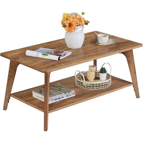 Table basse à 2 niveaux avec rangement salon 55 x 100 x 45 cm design contemporain en aggloméré marron miel (1/2)