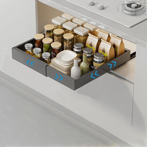 Drawer Sliding Kitchen Storage Cupboard Adhesive Carbon Steel Drawer Organizers Extendable from 32 to 52 cm No Drilling or Nailing Required (Grey, 1 Piece) (1/5)