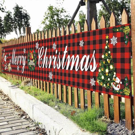 Bannière de Noël Décorations, 296 cm x 48 cm Grande bannière extérieure Joyeux Noël pour jardin, mur, clôture, décorations Sapins et Père Noël (1/5)
