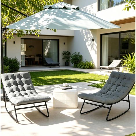 Set de 2 mecedoras de jardín con cojines, estructura de acero, gris oscuro y negro (1/5)