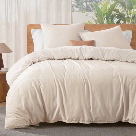 Ensemble de literie 220x240 cm, 1 housse de couette & 2 taies d'oreiller 80x80 cm, Beige