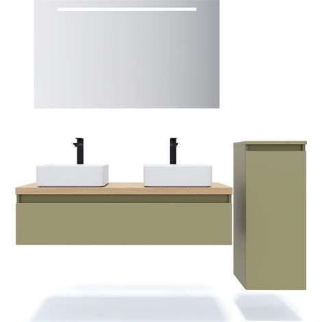 Meuble de salle de bain suspendu 2 vasques à poser 120cm 1 tiroir Vert olive + miroir + colonne ouverture droite - Hudson (1/5)