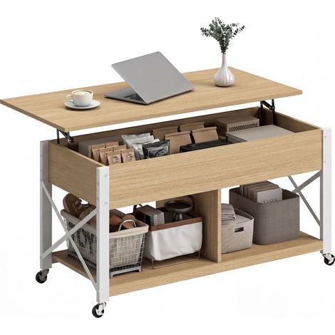 Mesa de Centro Elevable con Ruedas Mesa de Salón con Compartimento Oculto Estantes Abiertos Madera Natural y Blanco (1/5)