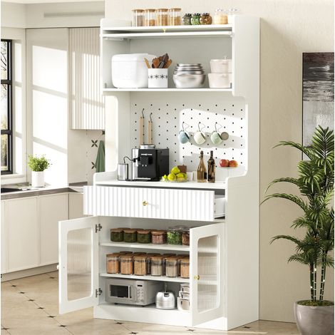 REDOM - Credenza da cucina 80x40x180 cm, ripiani regolabili, cassetto, anta a ribalta, illuminazione LED, MDF e pannelli di particelle bianco (1/5)