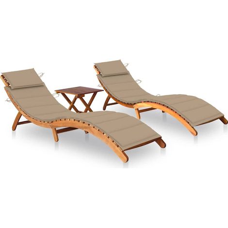Sonnenliegen 2 Stk. mit Tisch und Auflagen Massivholz Akazie