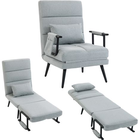 HOMCOM sofá cama 1 plaza convertible, 3 en 1, sillón cama plegable, tapizado en lino, respaldo ajustable, almohada, 67x73x96 cm, gris claro (1/5)