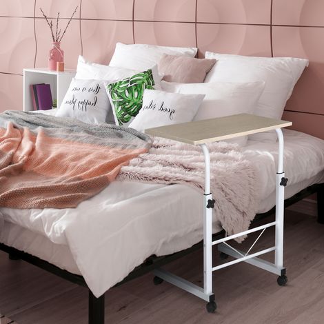 Tavolino laterale, tavolino da caffè regolabile in altezza, scrivania mobile con ruote e freno di bloccaggio, tavolini a C, truciolato, acciaio, ferro, plastica, colore acero bianco, 60 x 40 x 68-78 c