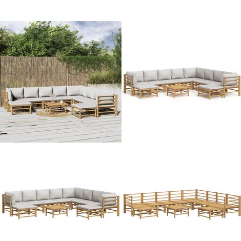 Set de muebles de jardín 11 piezas bambú y cojines gris claro - Muebles de exterior - Sofás de jardín