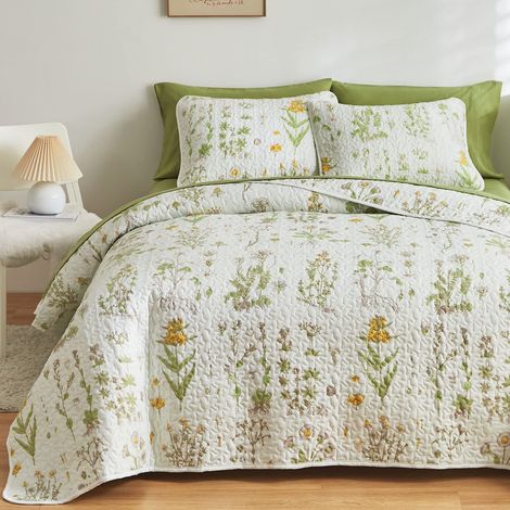 Parure de lit réversible 3 pièces en microfibre douce et lisse, motif botanique, fleurs jaunes, feuilles vertes, pour toutes les saisons, 1 couette et 2 taies d'oreiller lit double grand lit (1/5)