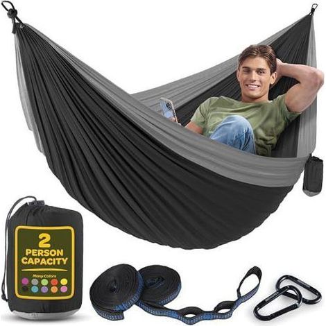 Hamac für 2 Personen, flexibel, ultraleicht und tragbar, Tragfähigkeit 350 kg, ideal für Garten, Camping, Reisen, Grau-Schwarz