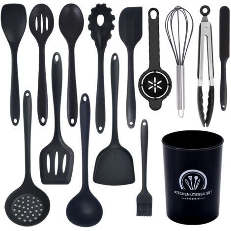 15-teiliges Küchen-Kochutensilien-Set, Silikon-Küchenhelfer-Set mit Utensilienhalter, hitzebeständiges Kochbesteck-Set, spülmaschinenfest, Antihaftbeschichtung (schwarz) (1/5)