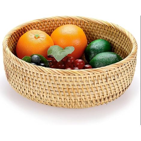 Corbeille à fruits ronde en rotin tissé - Paniers de service pour pain, collations, table de bureau, comptoir rangement décoratifs (1/5)