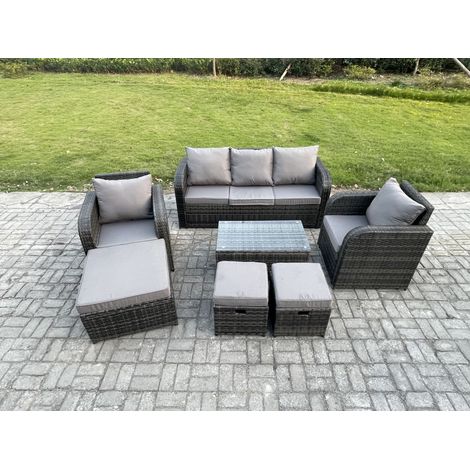 Fimous 8 places Salon de jardin avec Table basse rectangulaire 3 Tabourets Canapé 3 places Gris foncé mixte (1/5)