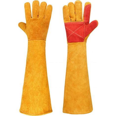 (Gelb) 60 cm lange Anti-Biss-Arbeitshandschuhe, strapazierfähige Lederhandschuhe für Badezimmer, Fellpflege, Umgang mit Tieren
