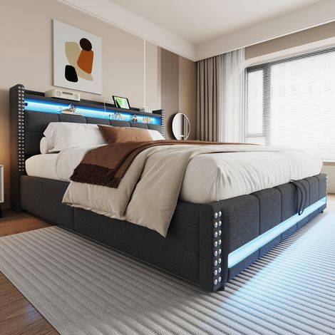 Lit double 180x200 avec rangement, tête de lit à étagères, éclairage LED et port USB, sommier relevable hydraulique, revêtement lin gris, literie adulte confortable (1/5)