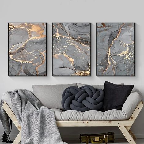 Tableaux muraux pour salon Gris doré Fluid Art Marbre Texture Abstrait Art Mur Art Toile Photos - Sans cadre (marbré 3, 3PCS-40x60cm) (1/5)