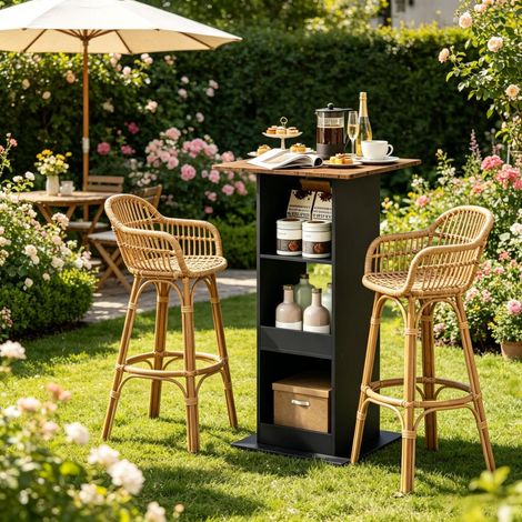 Table bar haute carrée - 60x60x109 cm - Table bistrot fixe mange debout avec 3 niches de rangement laterales - Marron et noir (1/5)