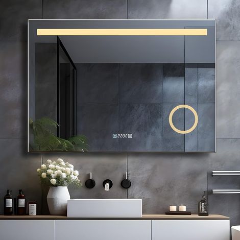 MEESALISA LED Badspiegel mit Beleuchtung Badezimmerspiegel mit Steckdose Touch Dimmbar dreifarbiges Licht Antibeschlag Wandspiegel, 80 x 60 cm mit Uhr (1/5)