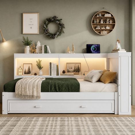 Daybed 223x115x80 cm, cama nido extraíble con LED, enchufe USB y Type C, almacenaje lateral, pino y MDF blanco (1/5)