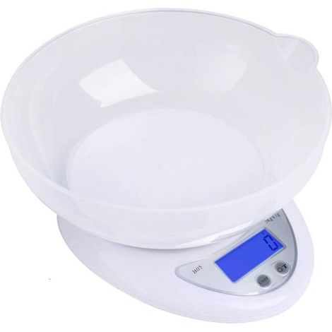 Balanza de cocina con bol mezclador, balanza de alimentos multifuncional, pesa hasta 5 kg, con función de tara. (1/5)